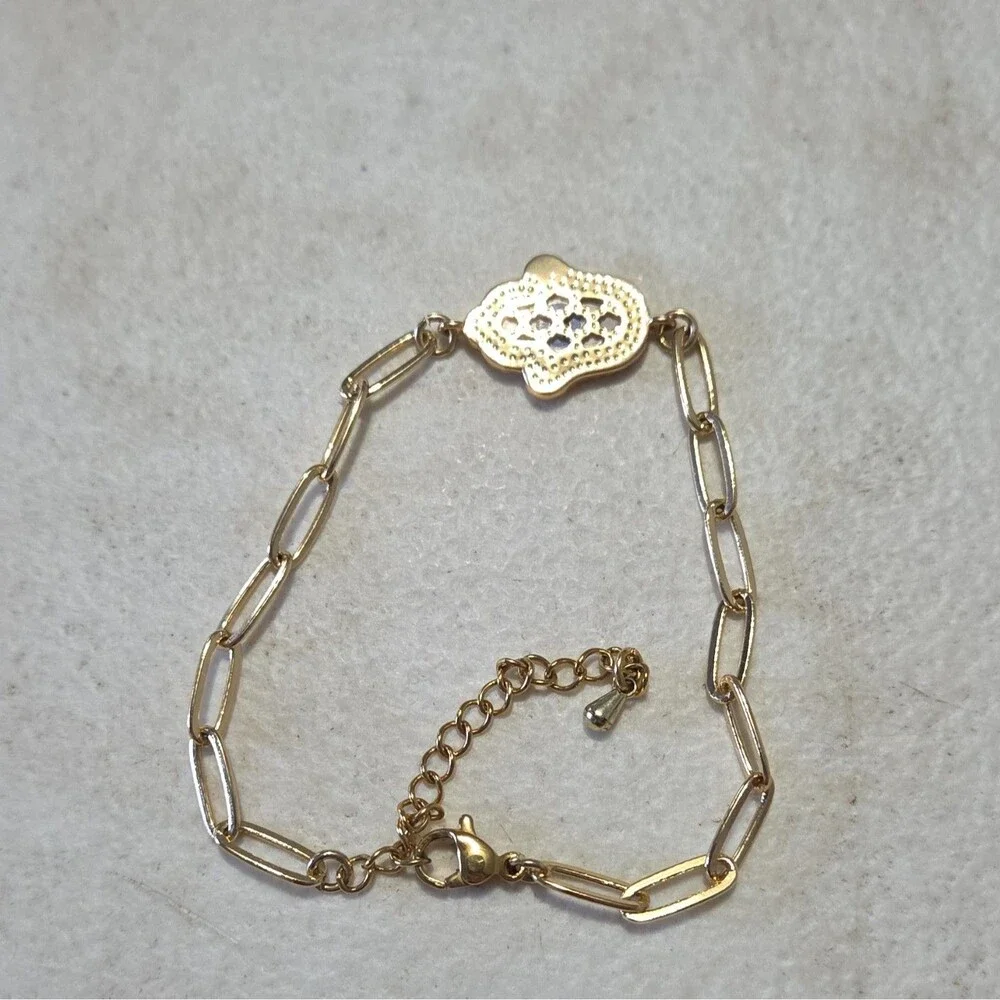 Gold Tone Paperclip Chain Evil Eye Hand Dangle Charm Bracelet, Lobster Clasp